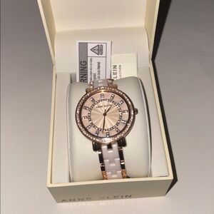 Anne Klein Rose Gold Bracelet Watch Blush Pink Ceramic Crystal Accented